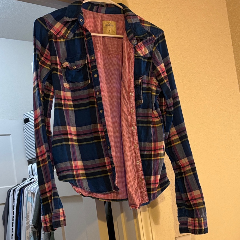 Hollister Pink and Blue Plaid Shirt